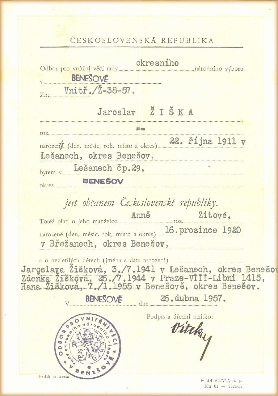 Potvrzení o občanství ČR_rodina Žižkova - 26.4.1957